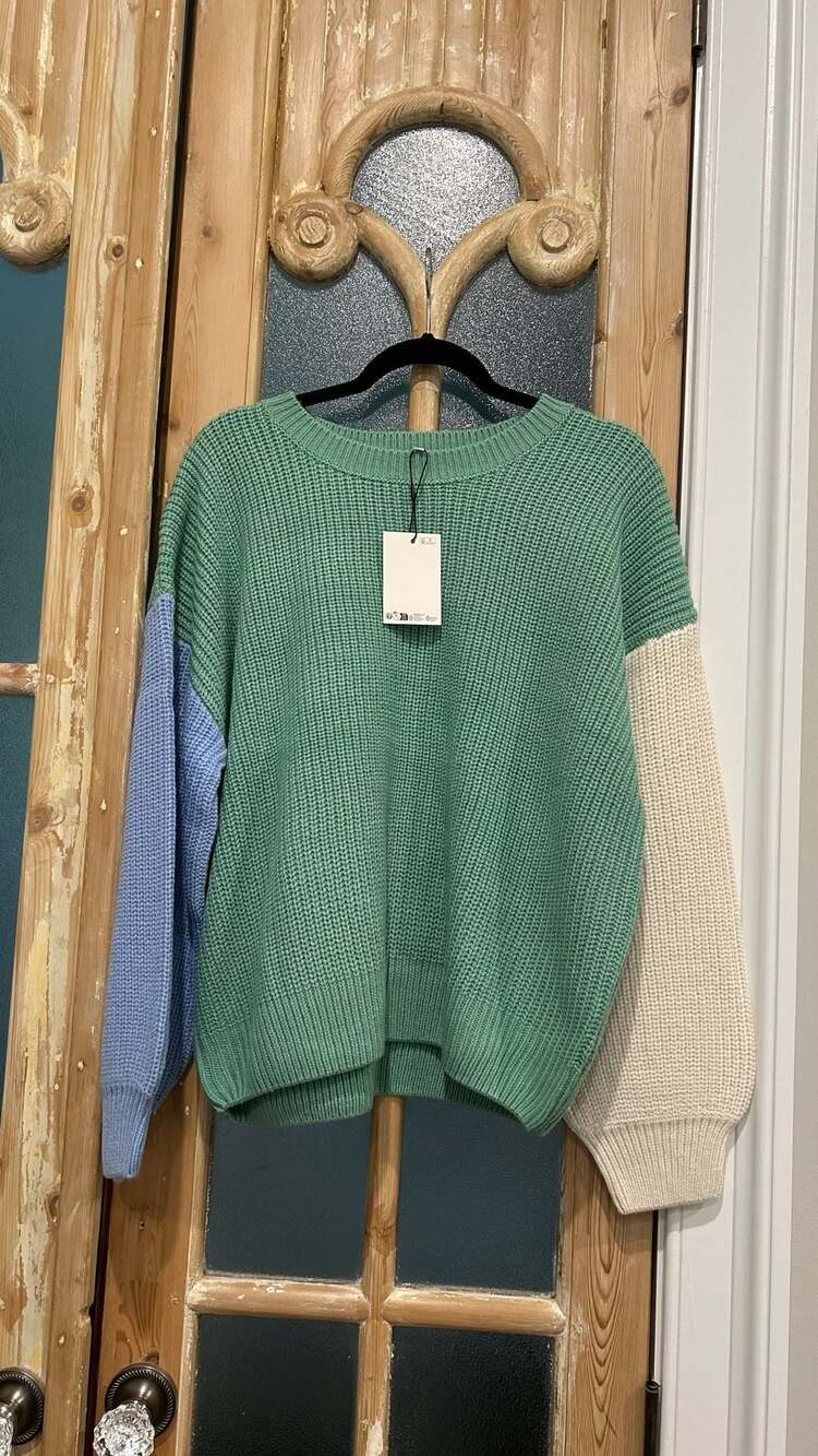 B.Young Colorblock Knit Sweater Size XL Green Blue Cream Oversized